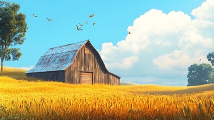 Idyllic barn in golden harvest wheat field view high resolution picture © Amit