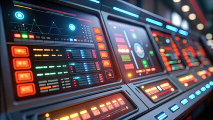 Futuristic control panel with vibrant lights and digital displays showcasing data analysis and monitoring systems for threat hunting cloud