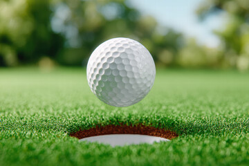 Obraz premium Single perfectly aimed golf ball hovers above hole on lush green golf course, capturing anticipation of successful putt. vibrant grass and blurred background enhance moment excitement