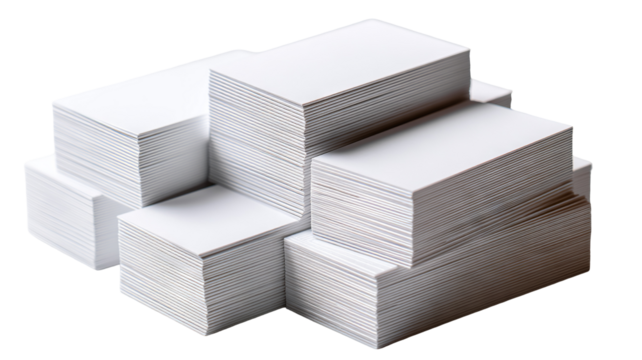 Stack of blank business cards mockup — high-resolution, isolated with transparent background feel for easy cutout, clean minimal studio lighting, front and edge view template with copy space