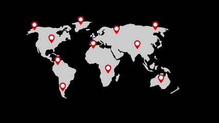 World map travel route location animation on dark background, world map showing the locations of countries Global Business Network. Location pin bounce up on street map .futuristic technology design. - Powered by Adobe