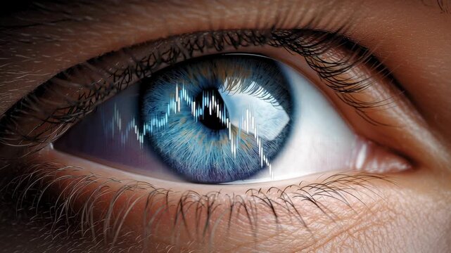 Intense Focus Close Up of Blue Eye Reflecting Crashing Stock Chart Study in Reflection and Market Dynamics
