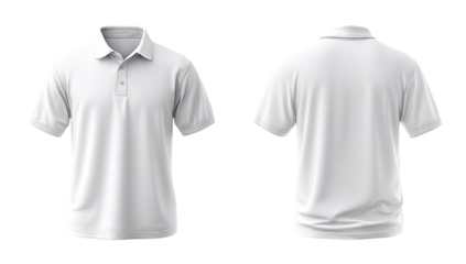 Front and back view of a plain white polo shirt.  Short sleeves, collared,  button placket.  Detailed mockup