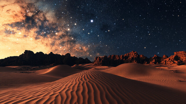 Deserts and Dunes Features: Sand dunes, rock formations, starry skies.