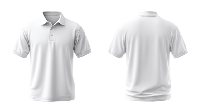 Front and back view of a plain white polo shirt.  Short sleeves, collared,  button placket.  Detailed mockup