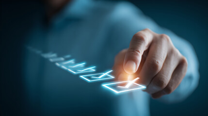 Businessman's finger pointing at a highlighted checklist icon, symbolizing task management and organization.