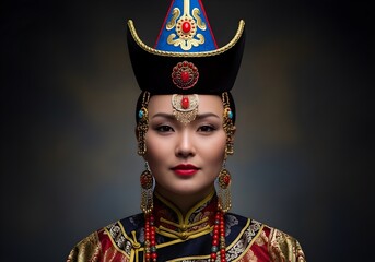 Photo of elegant mongolian woman in traditional dress and headdress showcasing rich cultural heritage and beauty in a studio portrait