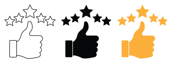 Rating icons, five stars review, thumb up of customer good rate. vector illustration