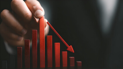 Businessman's hand holding a red declining bar graph and arrow, representing financial loss and market downturn.
