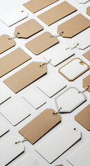 Photo Close Up Of Blank Brown And White Price Tags Arranged On White Surface
