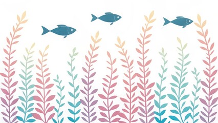 Obraz premium Illustration of seaweed with fish isolated on white background, a colorful underwater scene with aquatic plants