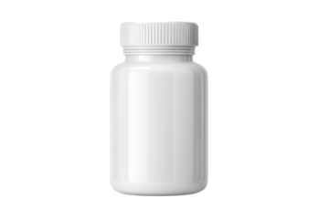 Plain white plastic pill bottle with screw cap, high-resolution PNG cutout on transparent background, ideal for packaging design, medical product branding, and e-commerce presentations.