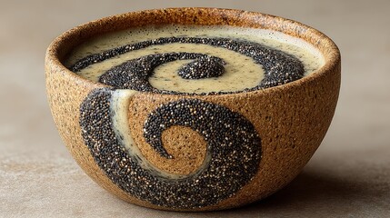 A ceramic bowl with spiral patterns holds a dark beverage topped with light foam, placed on a neutral surface,