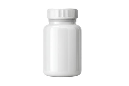 Plain white plastic pill bottle with screw cap, high-resolution PNG cutout on transparent background, ideal for packaging design, medical product branding, and e-commerce presentations.