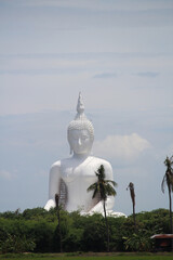 A white buddha as a background of the green rice field in Thailand