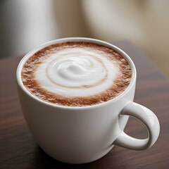 Obraz premium Photo Close Up of Latte Art Coffee Drink in White Cup on Wooden Table