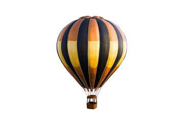 Fototapeta premium A large hot air balloon with orange, black, and yellow vertical stripes, shown isolated on a white background.