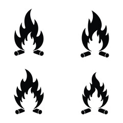 Campfire Icons Set Black Silhouette Bonfire Designs for Outdoor Adventure and Warmth, Flat vector 