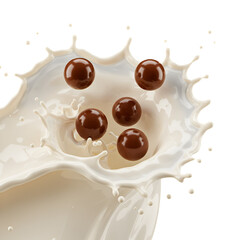 Photo Illustration of Milk Splash with Floating Chocolate Spheres Isolated on Transparent Background
