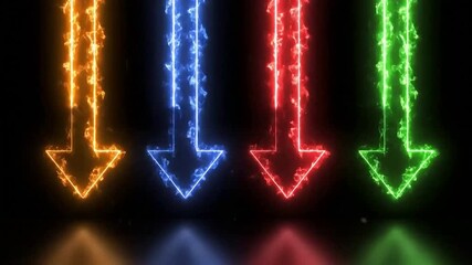 Four neon arrows point down glowing orange blue red and green on a dark reflective surface - Powered by Adobe