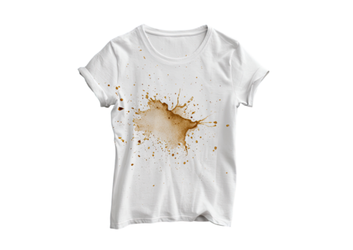 A white t-shirt stained with a large coffee spill