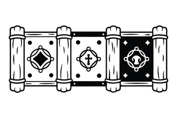 Black and white vector illustration of ancient books and scrolls with symbols magic spell