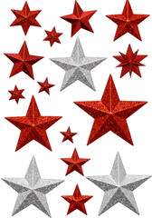 Obraz premium Illustration of Sparkling Red and Silver Stars on a Transparent Background