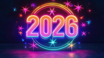 Vibrant neon 2026 sign with colorful stars on dark background. Happy New Year 2026 - Powered by Adobe
