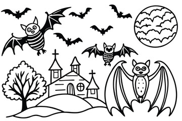 Black and white vector illustrations of flying bats and a spooky church night moon