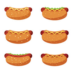 Collection of Hot Dogs with Mustard and Ketchup on Buns Illustration, Flat vector 