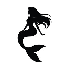 Elegant black silhouette of a mermaid with flowing hair