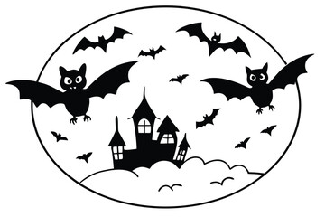Black silhouette bats flying around a haunted house on clouds white