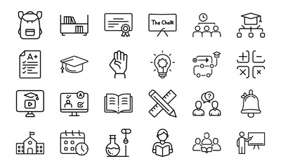 24 Education and School Line Icons Learning, Teaching, Online Classes, Graduation, Science, Math, and Classroom Vector Icon Set for Teachers, Students, and Educational Projects
