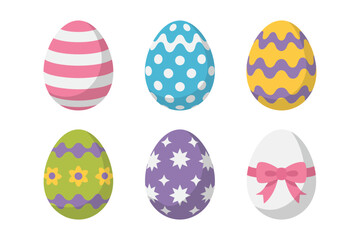 Patterned Easter egg set, spring holiday icons, floral and ribbon design, pastel color vector, festive egg illustration