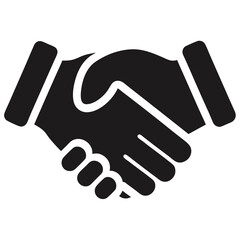 A clean black and white graphic illustration of two diverse hands shaking in agreement and partnership