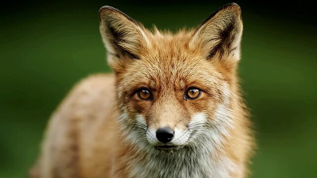 A fox with red fur and pointy ears stares forward with amber eyes against a blurred green background