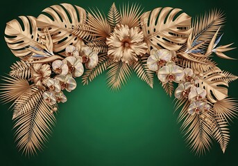 Golden foliage on emerald backdrop: Exquisite tropical floral arrangement for festive occasions