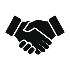A simple black silhouette of two hands shaking in agreement and partnership
