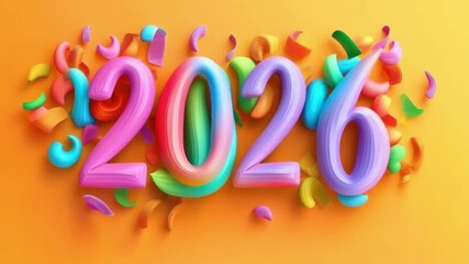 Colorful 2026 in vibrant 3d typography with abstract shapes on yellow background. Happy New Year 2026 - Powered by Adobe