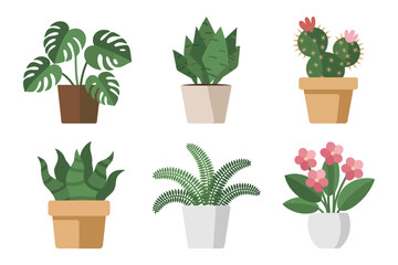 Potted plant icon set, indoor houseplant vector, succulent and cactus illustration, home decor plant collection, green leaf design
