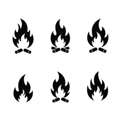 Six Simple Black Fire Icons and Symbols, Flat vector 