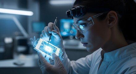 Focused female engineer with precision tools assembling a holographic microchip in a futuristic research facility.
