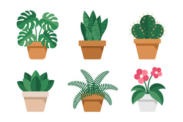 Houseplant collection, potted plant icons, cactus and succulent vector, indoor greenery illustration, botanical decor set