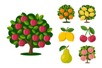 Fruit tree icon set, apple orange pear vector, orchard tree illustration, garden fruit collection, colorful tree design