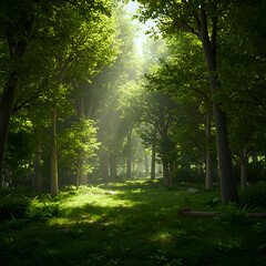 Obraz premium Photo Forest Scene with Sunlight Through Green Trees and Grassy Path