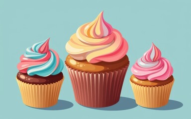 Colorful cupcakes with swirled frosting in various sizes against a blue background.