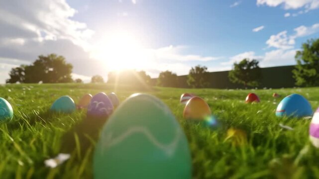Festive Easter Eggs Adorned on Green Meadow Lawn with Sunlight and Daises in Idyllic Backdrop