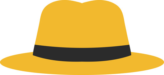 A yellow fedora hat with a black band sits centered, bright and cheerful, with a flat perspective and simple, cartoon-like design.
