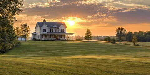 A peaceful farm landscape where soft gusts ripple across the fields at sunset