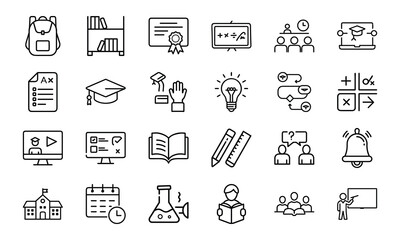 24 Education and School Line Icons Learning, Teaching, Online Classes, Graduation, Science, Math, and Classroom Vector Icon Set for Teachers, Students, and Educational Projects